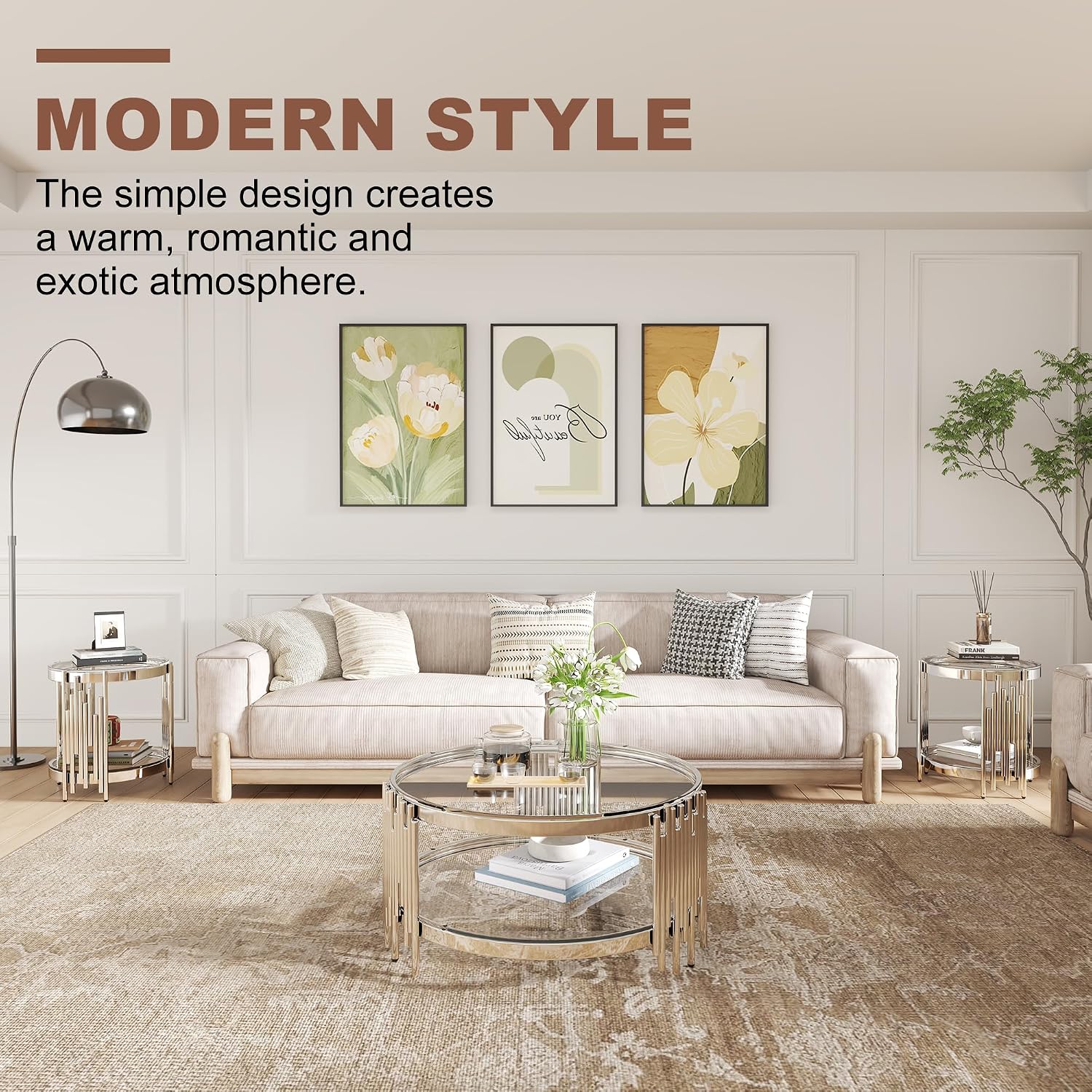3 Piece Living Room Set, 1 Glass Coffee Table and 2 End Tables with 2 Tier Storage, Tempered Glass Top and Stainless Steel Frame, for Apartment, Living Room, Silver/Clear
