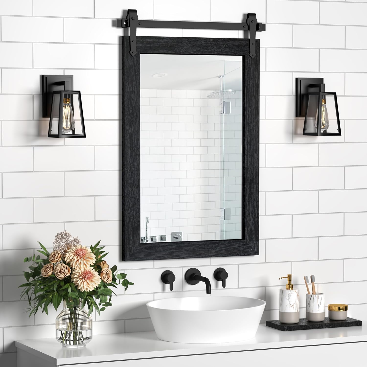Farmhouse Bathroom Mirrors 26'x40' Black Rustic Wall Decor Mirror for Vanity Barn Door Style Wall Mirror for Entryway Living Room