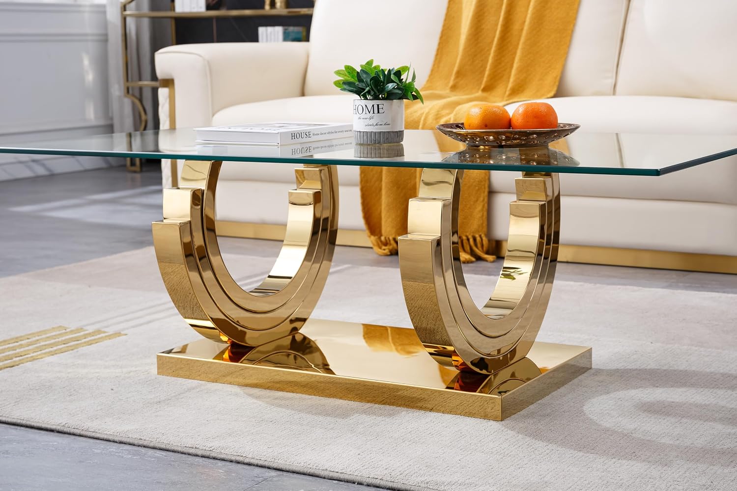 1 Piece Living Room Coffee Table Luxury Glass Center Table, Modern Gold Coffee Table with C-Shape Stainless Steel Pedestal Base