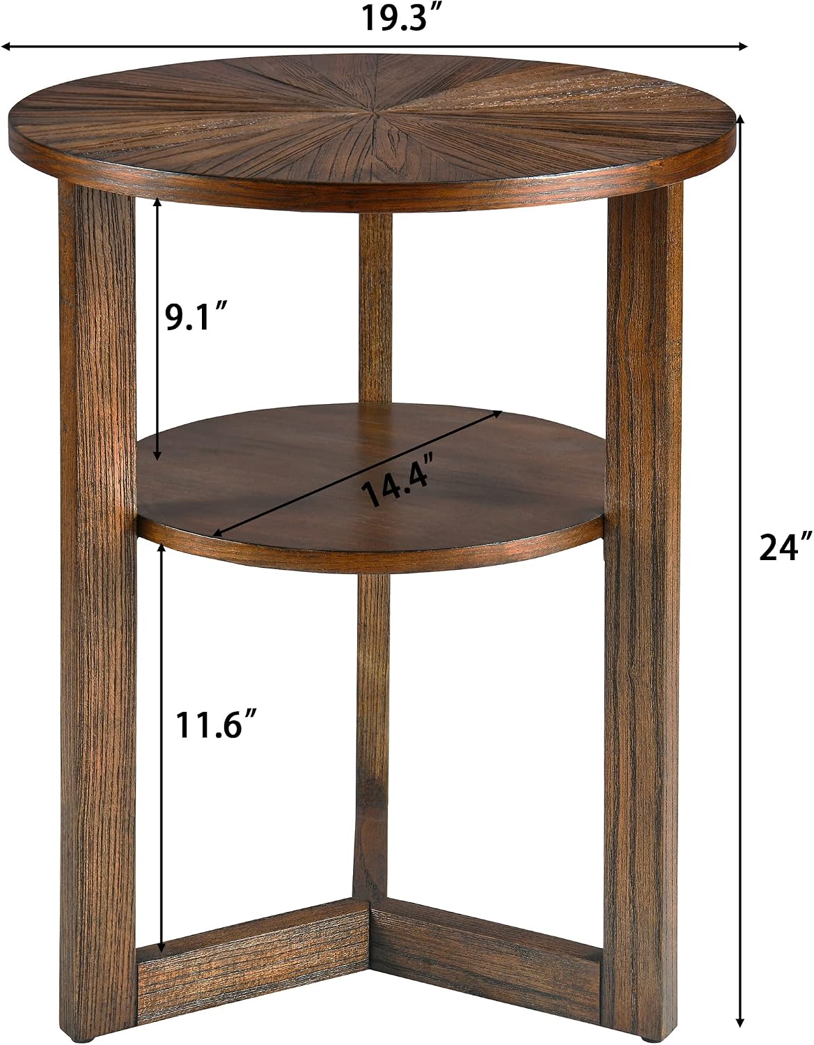 PADMA HOUSE 19.3' Round Wood End Table, 2-Tier Solid Wood Rounded Accent Side Table Circle Nightstand Table with Storage Shelf Vintage Furniture for Home Living Room Bedroom,Rustic Brown 3338NC