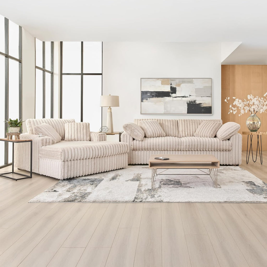 Roundhill Furniture Belvoir 3-Piece Living Room Set, Sofa Cuddle Chaise and Ottoman, Beige Champagne