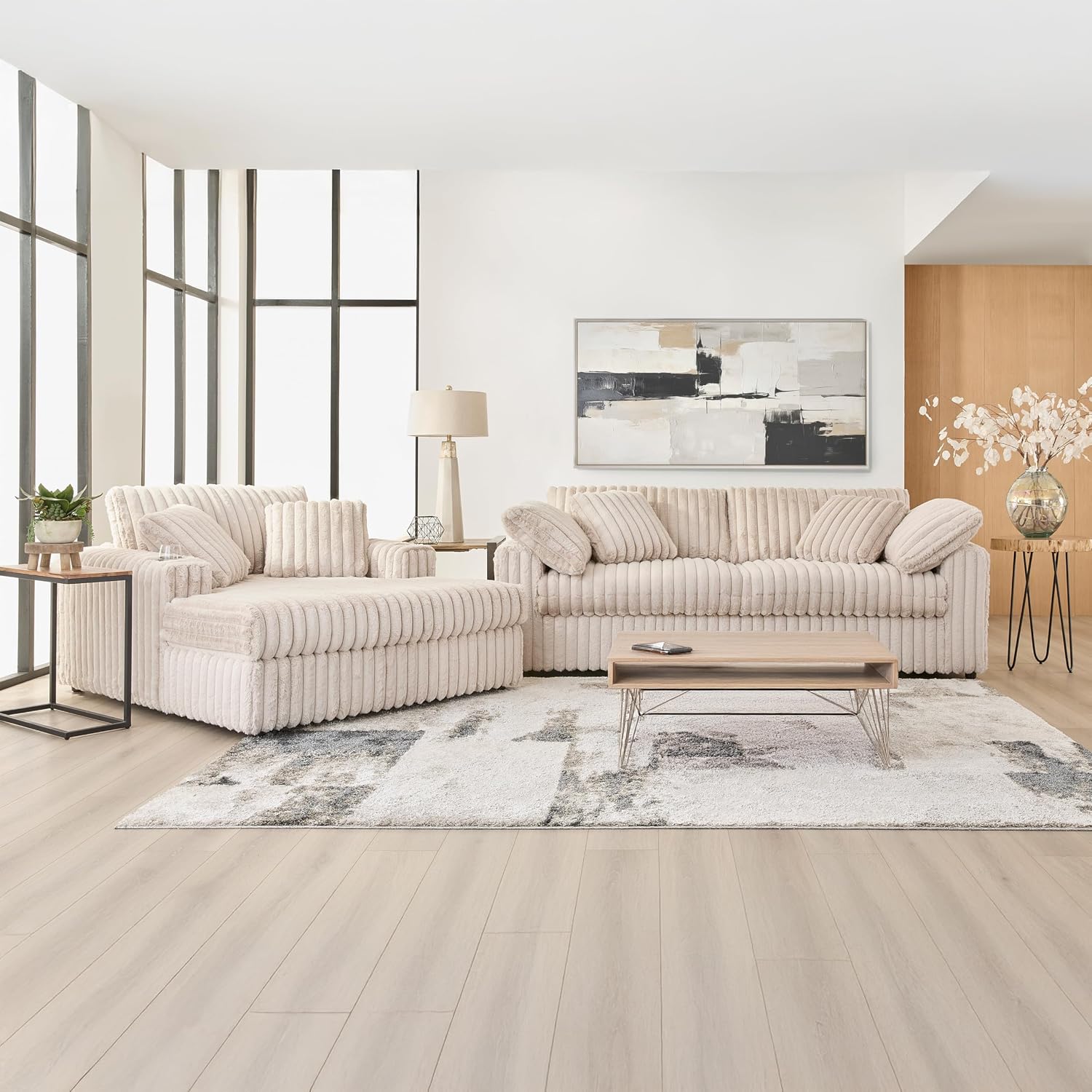 Roundhill Furniture Belvoir 3-Piece Living Room Set, Sofa Cuddle Chaise and Ottoman, Beige Champagne