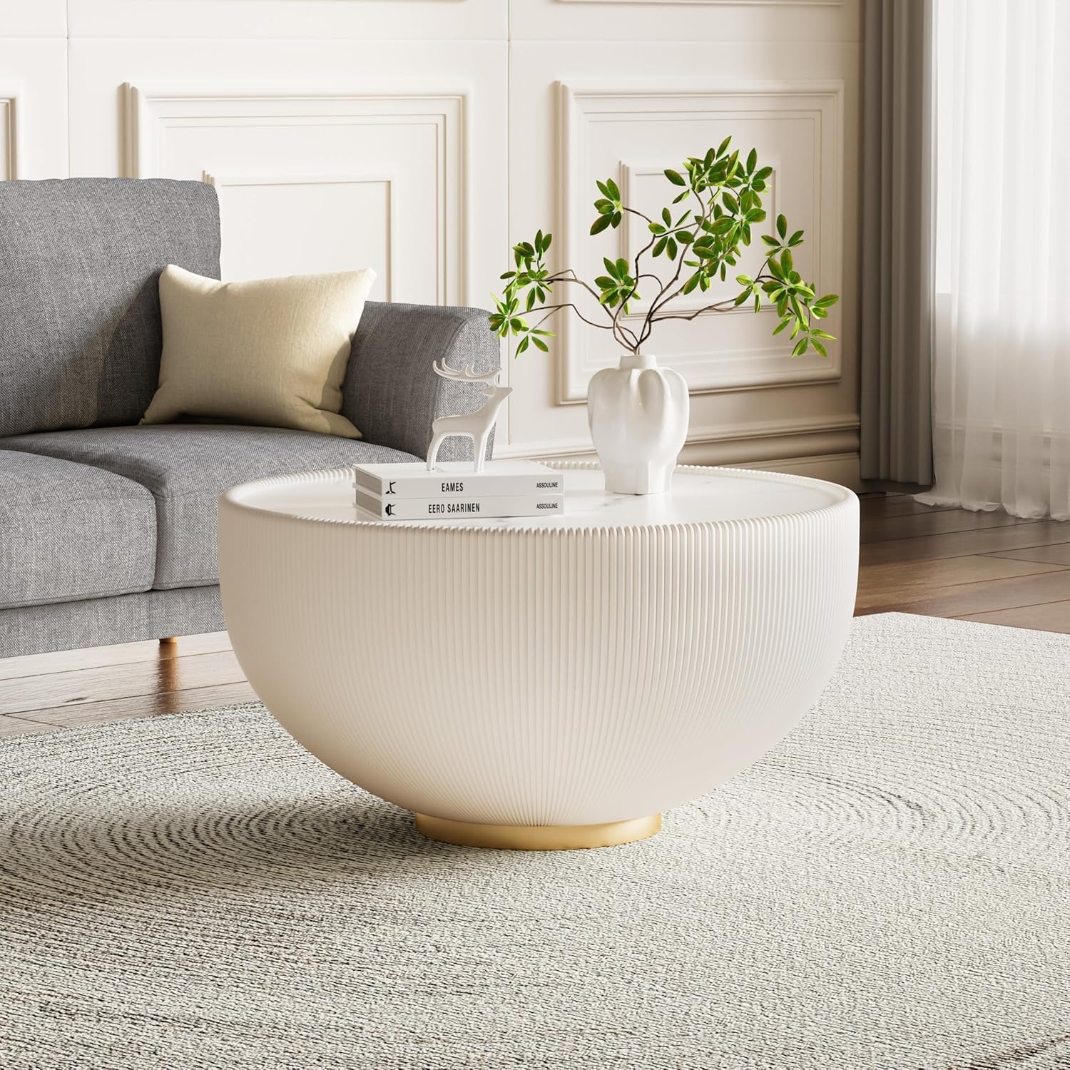 29.53' Round Coffee Table, Modern Cocktail Tables with Decorative Vertical Texture, 29.53 inch White Bowl Center Tables, Accent Sintered Stone Coffee Table for Living Room Apartment Office