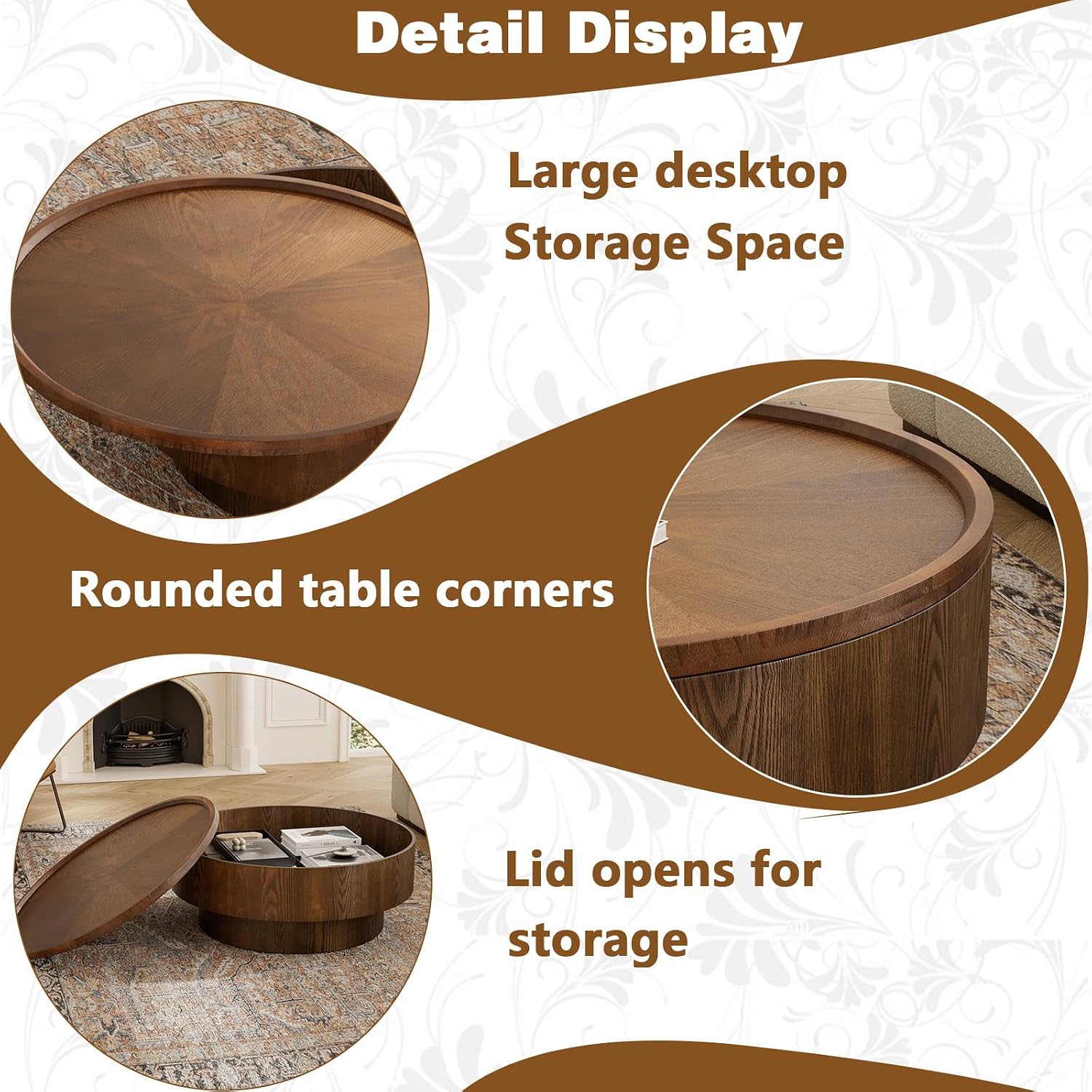 Round Drum Coffee Table White Fluted Coffee Table Circle Center Table Pedestal End Table for Apartment (Brown Round)