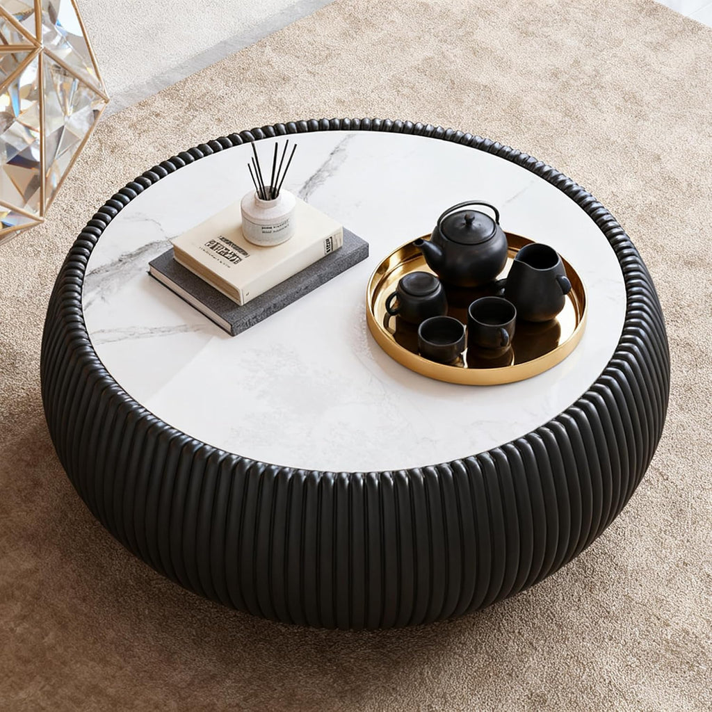 27.55' Round Marble Coffee Table,Modern Fluted Coffee Table with White Sintered Stone Top & Black PU Leather Covered, Modern Drum Coffee Cocktail Center Tables for Living Room,No Need Assembly