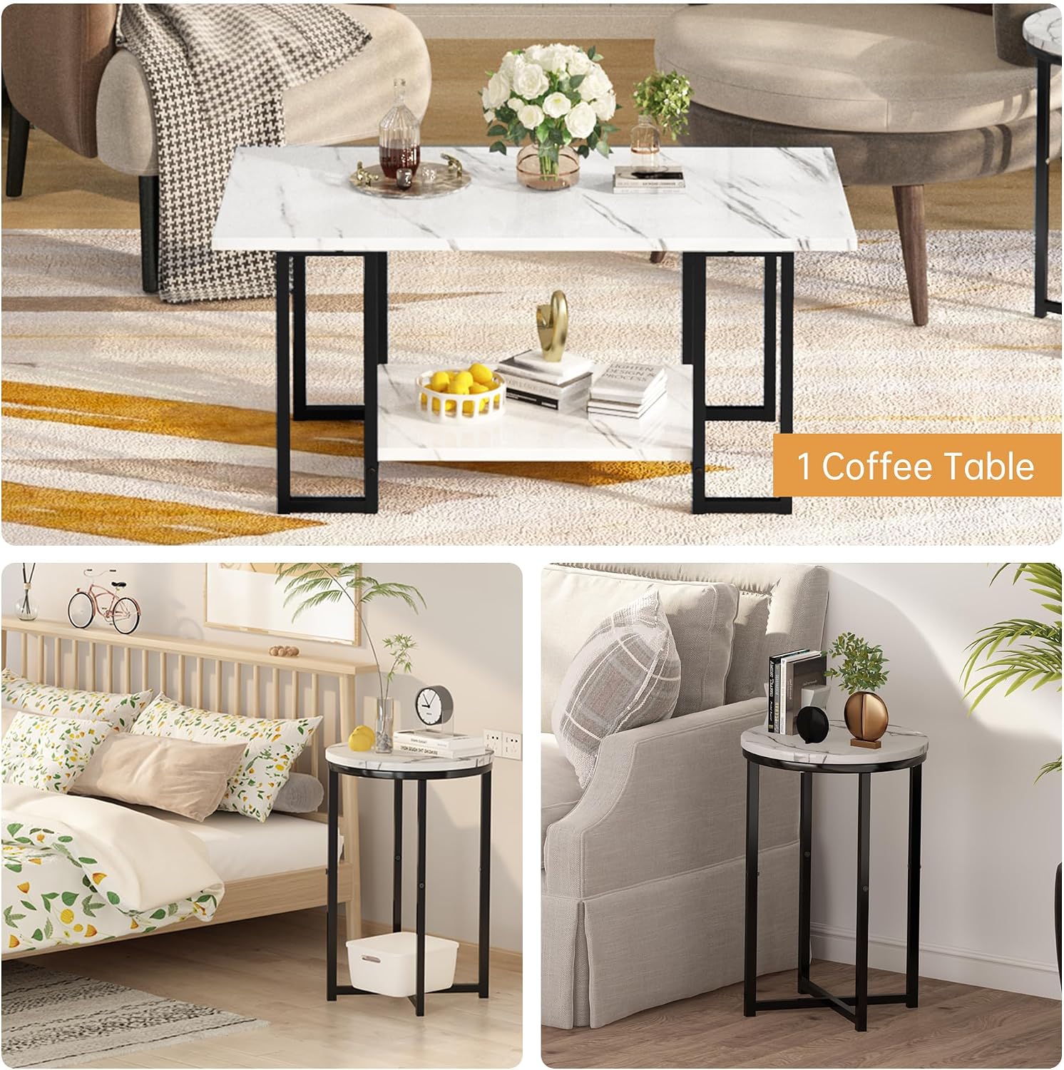 AWQM Coffee Table Set of 3, Faux Marble Coffee Table with 2 Round End Side Tables, Modern Living Room Table Set with Metal Frame for Apartment Home Office，White&Black