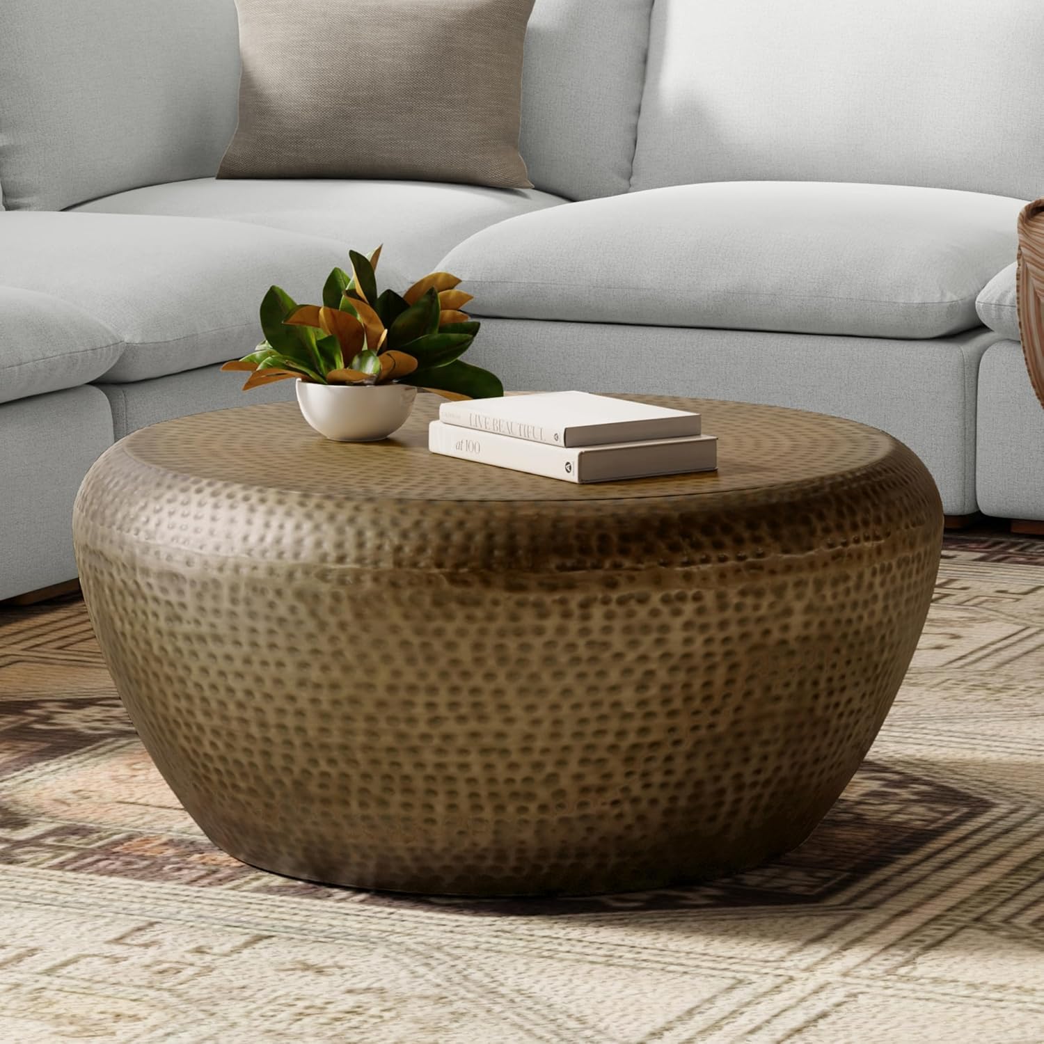 SIMPLIHOME Preston Drum Coffee Table - 36 inch Wide Iron Round Metal Table in Antique Gold, Modern Industrial Living Room Centerpiece with Hand-Hammered Texture and Sculptural Design, Assembled
