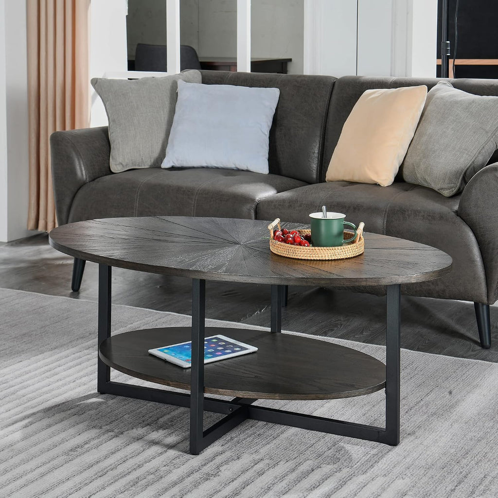 Solid Wood Oval Coffee Table with Cross Metal Legs, 43.3in Modern Industrail Center Table with Open Shelf Cocktail Tea Table for Living Room Bedroom, Black Brown 1811BK
