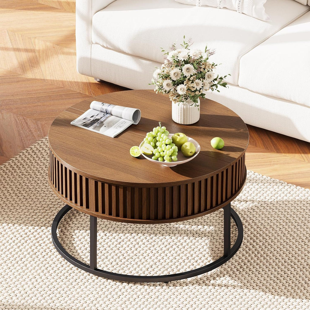 Round Coffee Table with Lift Top - Fluted Wood Center Coffee Tables for Living Room, Lifting Up for Dining, Large Hidden Circle Storage Compartment for Small Spaces, Mid Century Modern