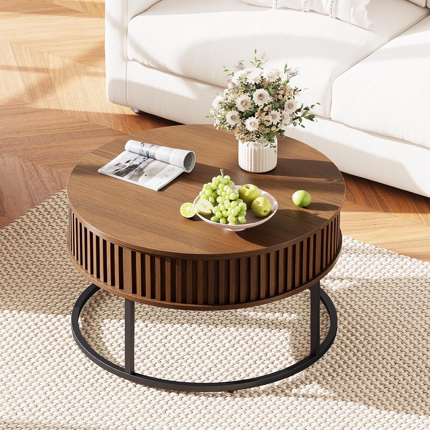 Round Coffee Table with Lift Top - Fluted Wood Center Coffee Tables for Living Room, Lifting Up for Dining, Large Hidden Circle Storage Compartment for Small Spaces, Mid Century Modern
