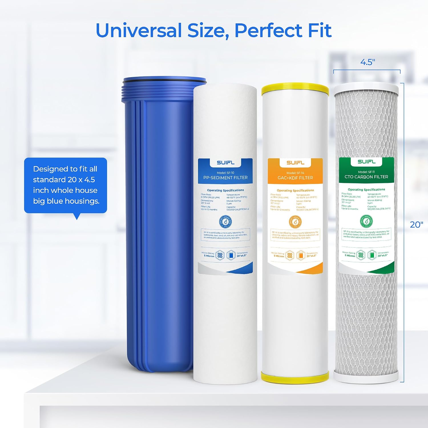 4.5 * 20' 3 Stage Whole House Water Filter Set, Compatible with SimPure DB20P-3, iSpring WGB32B-KS, F3WGB32BKS, HQUA WF3-01, Express Water FLTWH2045CGS1, Pack with PP, GAC and CTO Filter, 1 Set