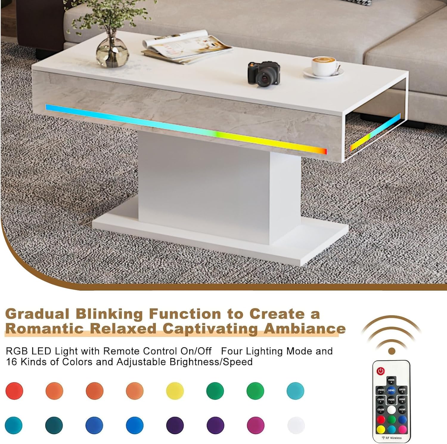 HedoAjim Led Coffee Table for Living Room, Living Room Table Rectangular Center Table, Modern Wooden Coffee Tables with 16 Colors LED Lights for Dining Reception Room