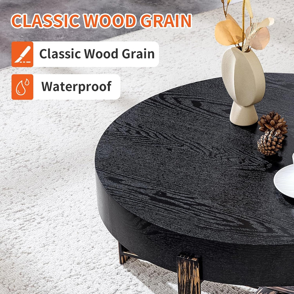 Round Coffee Table, 30.7' Modern Coffee Tables for Living Room, Circular Wooden Center Tea Table with Metal Legs for Apartment Office Small Space, Black
