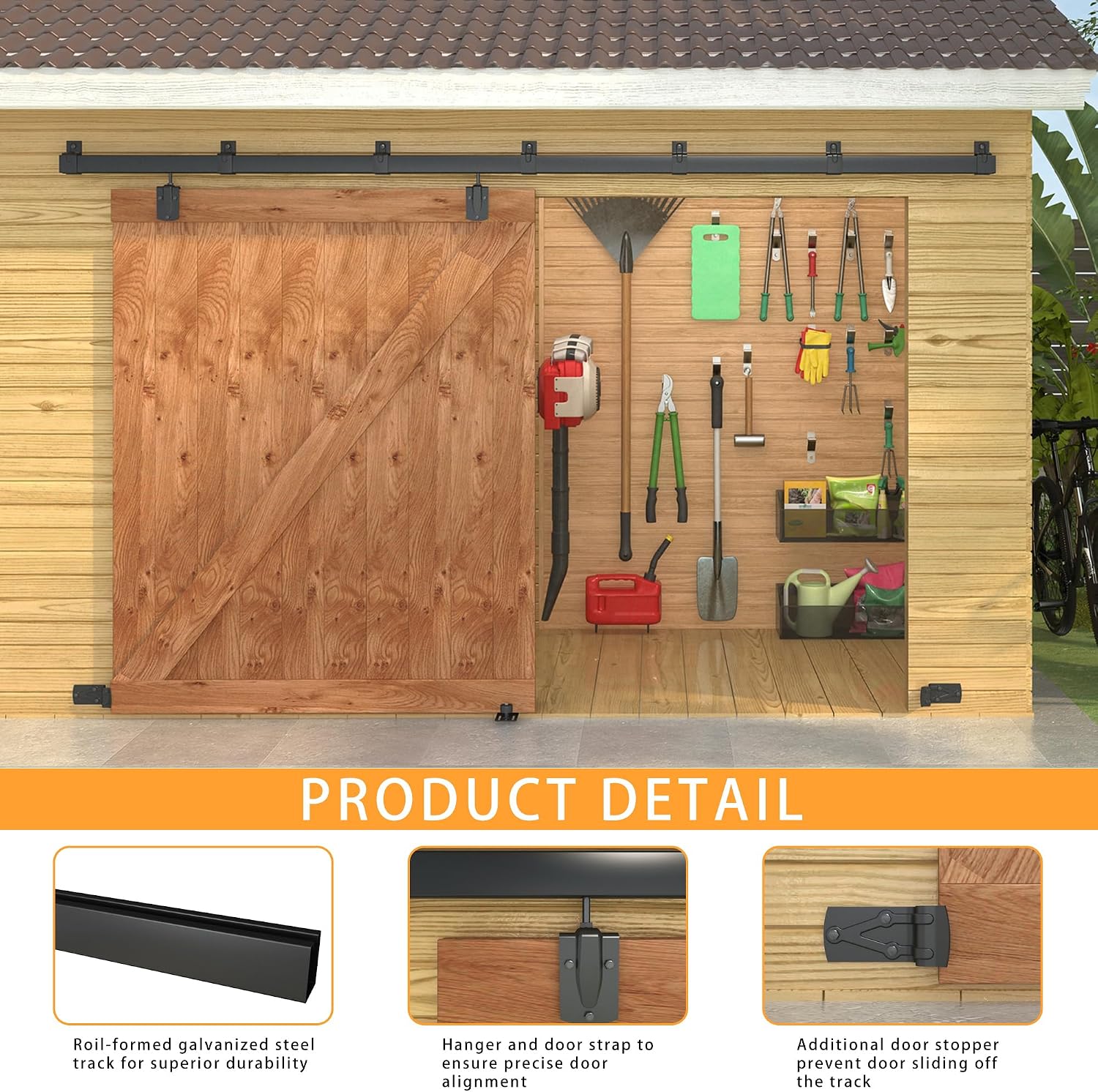 12FT Black Box Rail Exterior Barn Door Hardware Kit, Sliding Heavy Duty Barn Door Track, Wall Mount Barn Door Hardware with 5 Track Brackets(Doors NOT Include）
