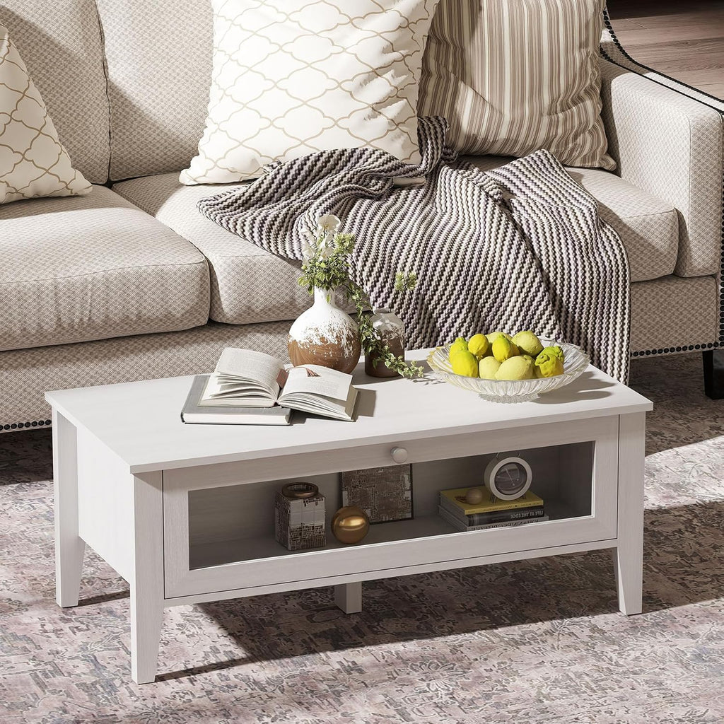 Bonzy Home TV Stand and Coffee Table Set of 2, Modern TV Console Coffee Table Set with Glass Door for up to 65' TV, Wooden TV Stand Set with Storage Drawer for Living Room, White