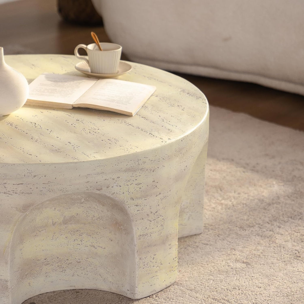 Modern Accent Coffee Table with Unique Arched Cutout Base, Minimalist Round Center Table for Living Room, Bedroom, Home Decor, No Assembly Required, Amber