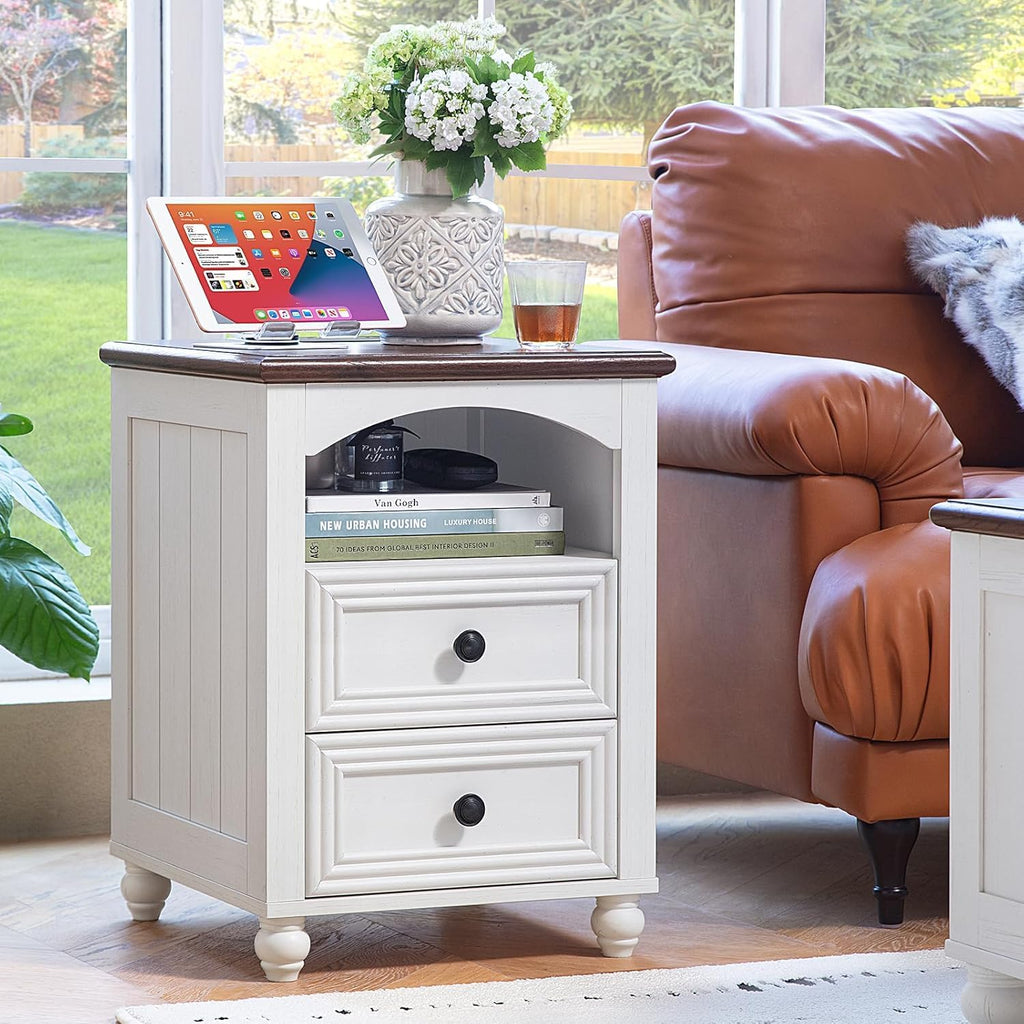 RWYHG Farmhouse Coffee Table & TV Stand Set of 4,Entertainment Center for 60 Inch TV,Wooden Coffee Tables with 4 Drawers, 2 Drawers Nightstand with Charging Station for Living Room,Bedroom,White