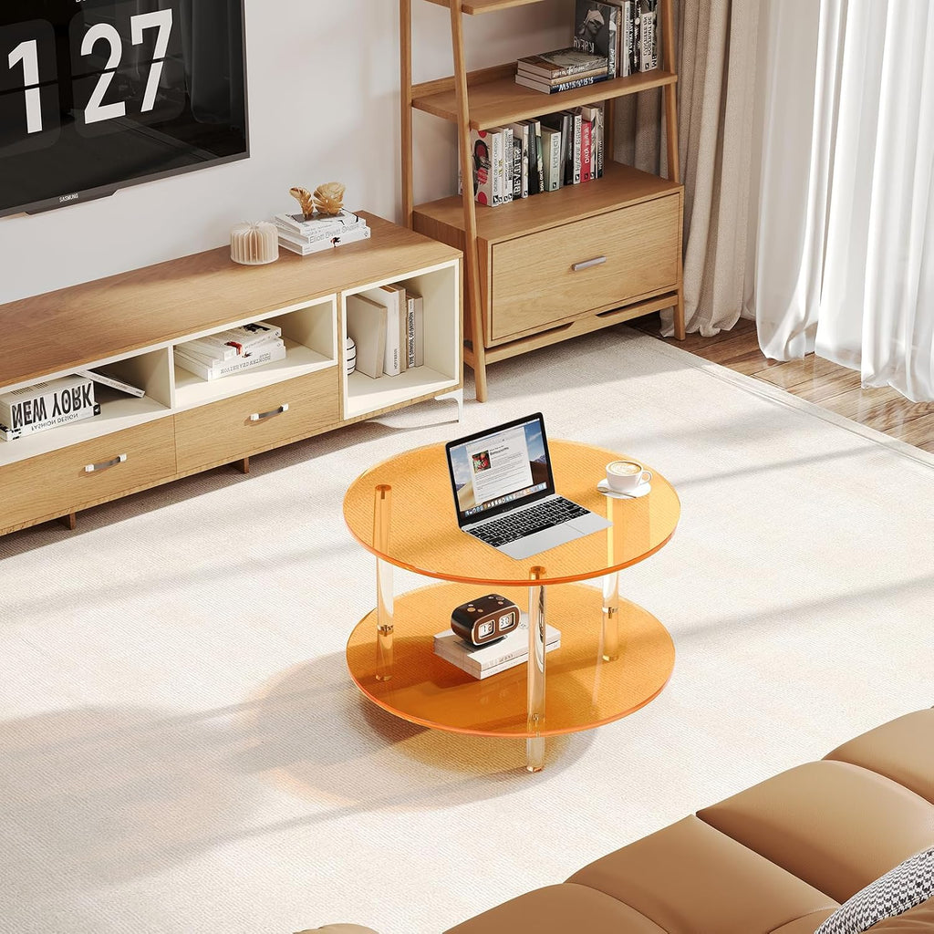 Acrylic Round Coffee Table, 23.6' Wide Modern Tea Table with Storage Shelf, 2-Tier Circle Center Table for Living Room, Office Reception and Apartment (Orange)