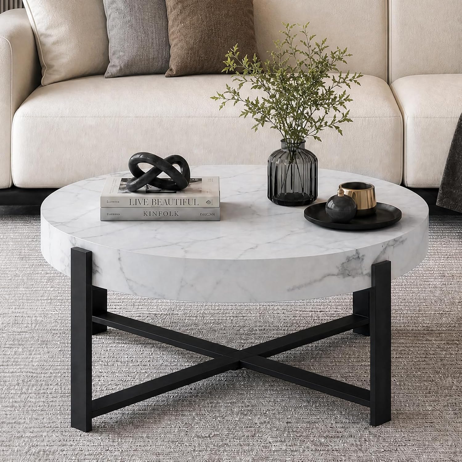 Round Coffee Table, Small Wood Coffee Table with Storage, Modern Wood Circle Table with Metal Frame, Round Accent Center Tables for Living Room Apartment Small Space
