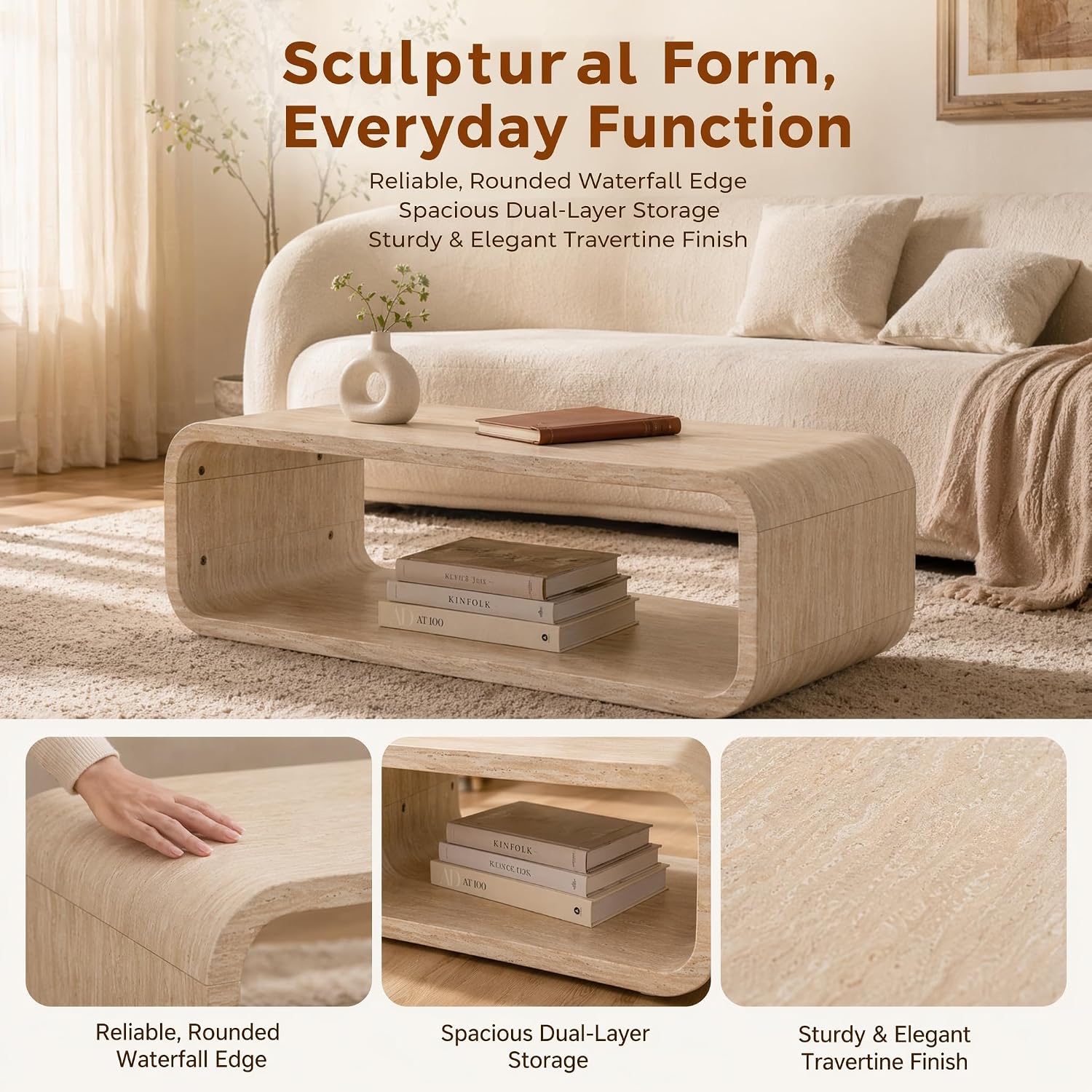 47.24' Faux Mars Coffee Table with Storage Shelf, 2-Tier Travertine Coffee Tables for Living Room,Modern Rectangle Center Tea Table with Rounded Corners for Apartment Bedroom Office, Easy Assembly