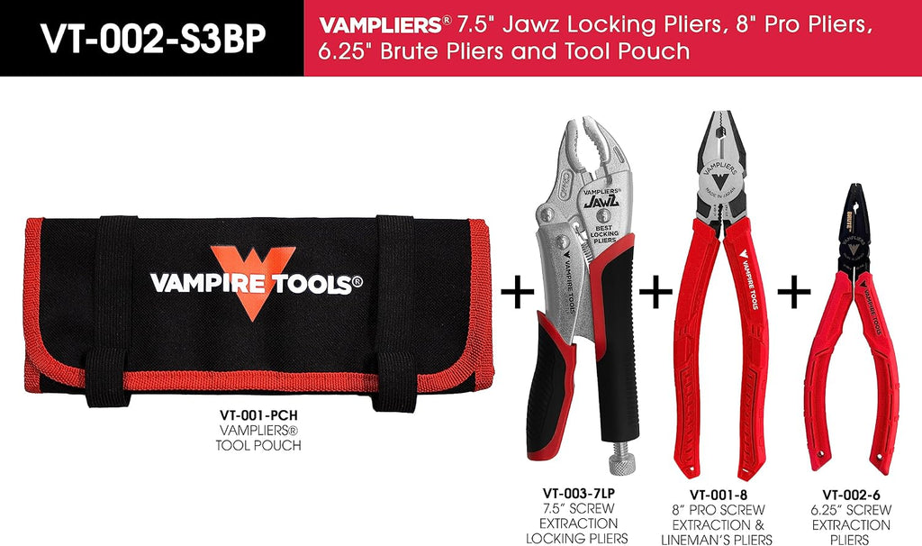 VAMPLIERS 3-PC Specialty Screw Extraction Pliers Set: Includes 8' PRO Linesman Pliers, JAWZ 7.5' Vise-Grip Locking Pliers, BRUTE 6.25' Black Oxide Finish Pliers + Vampliers Tool Pouch: VT-002-S3BP.
