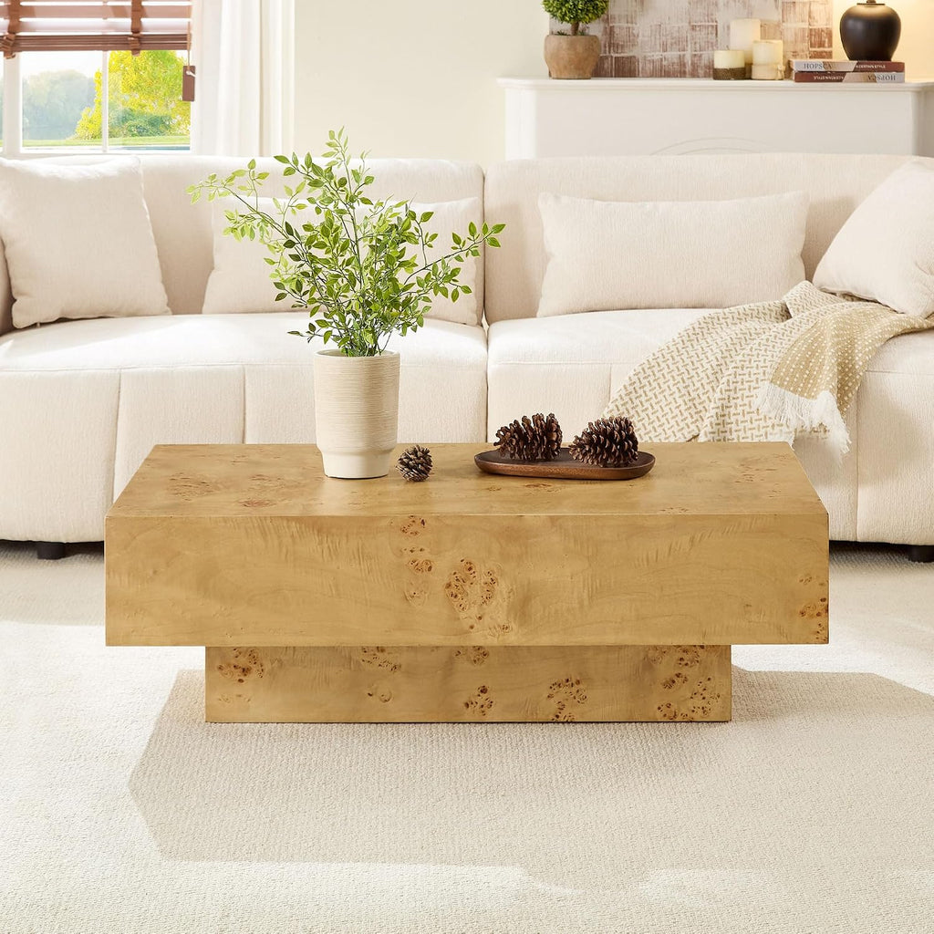 WILLIAMSPACE 43.31' Rectangle Coffee Table with Burl Wood Veneer & Sturdy Base, Modern Luxury Wood Drum Center Table Accent Side End Table for Living Room Apartment, Natural