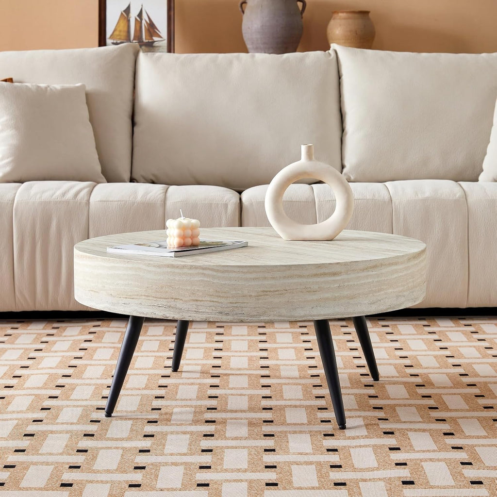 Round Coffee Table, Small Wood Stone Coffee Table with Storage, Modern Mid Century Circle Tables Accent Center Tables for Living Room Apartment Small Space (31.5''D-Stone Travertine Pattern)