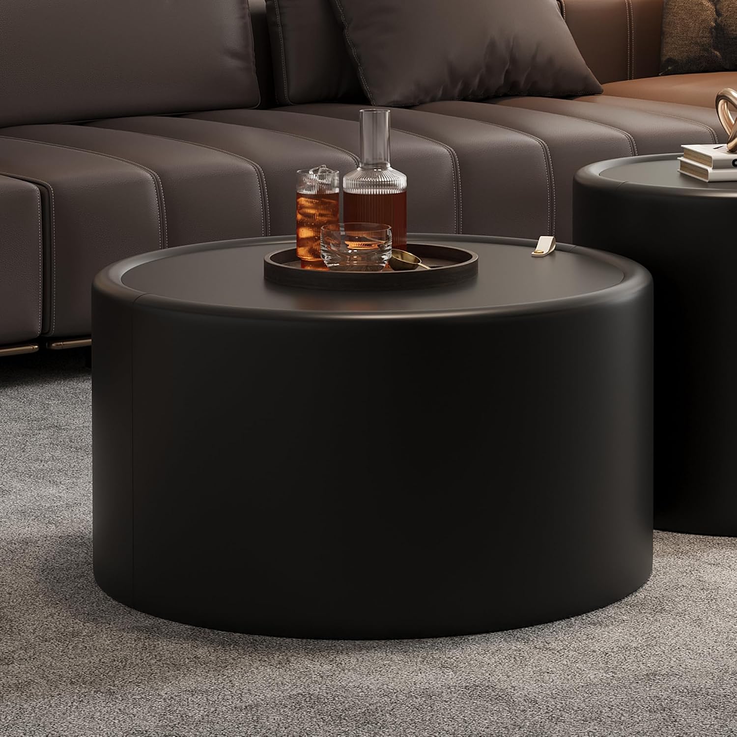 Black Round Coffee Table with Tempered Glass Top, PU Leather Accent Table with Hidden Storage, No Assembly Required Modern Coffee Tables for Living Room