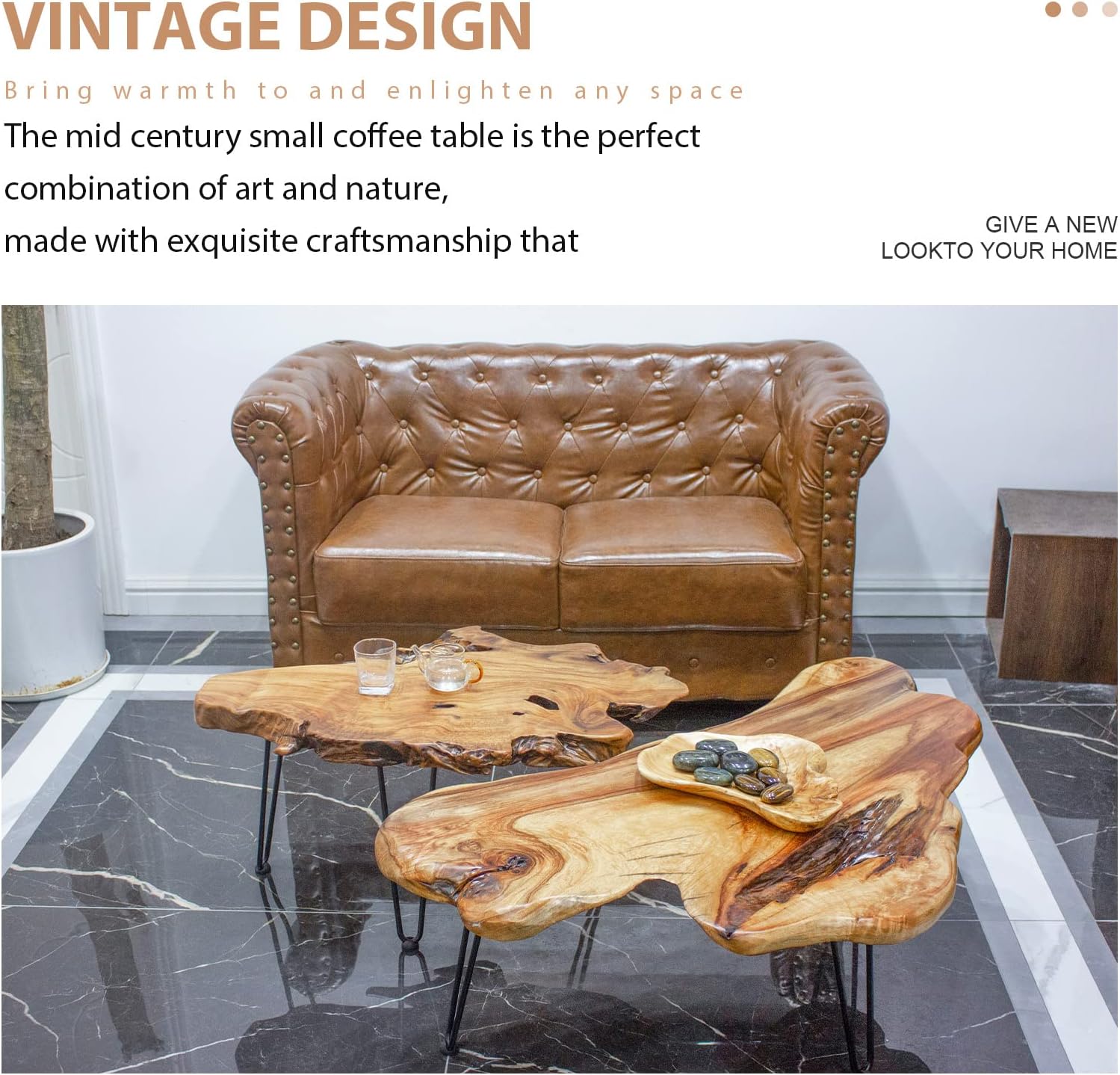 BTEOBFY 14-Inch Live Edge Coffee Table - Handcrafted Solid Wood Side Table with Metal Hairpin Legs - Unique Organic Shape End Table for Living Room, Boho & Modern Farmhouse Home Decor