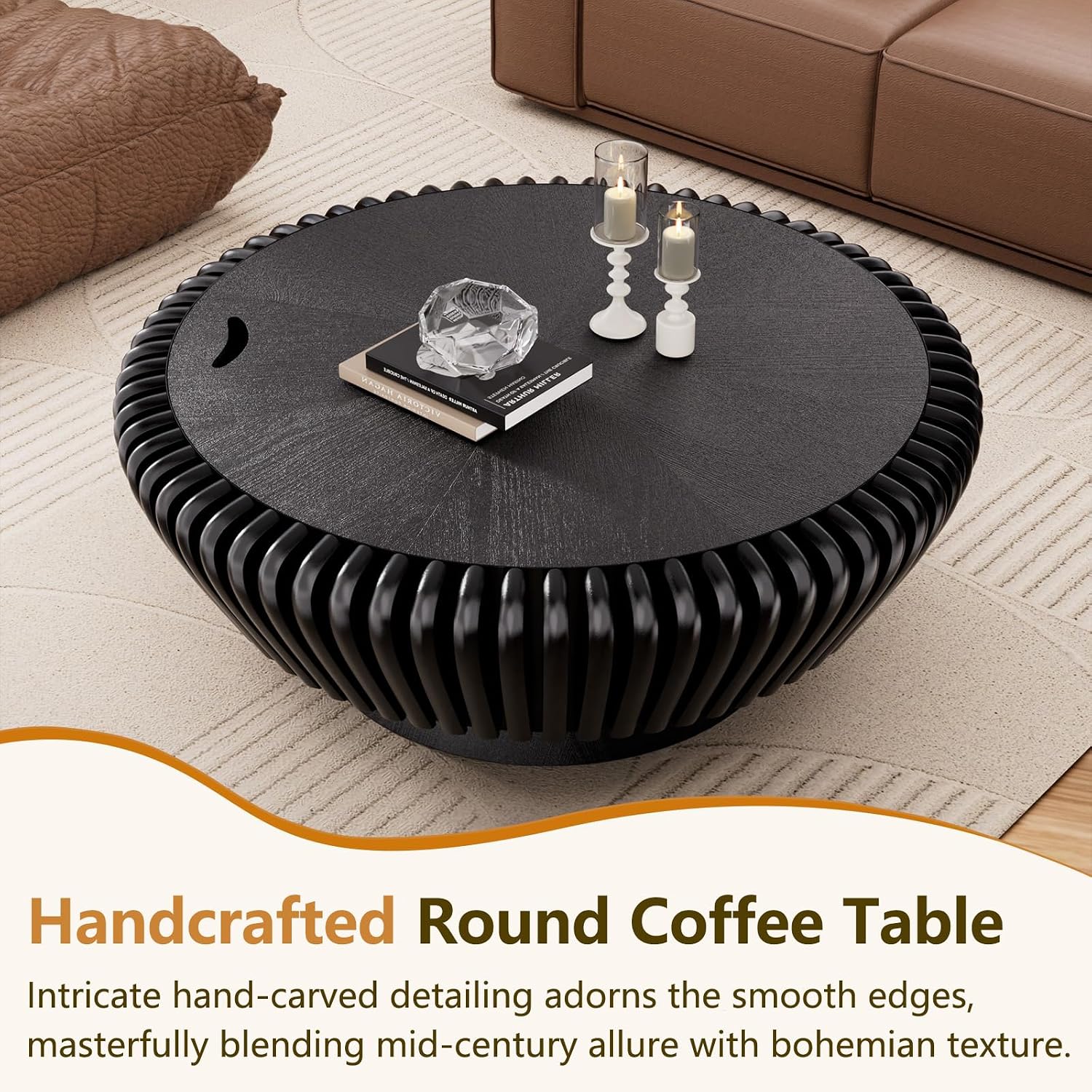 Modern Wood Fluted Round Coffee Table with Storage - Handcraft Drum Coffee Tables with Sturdy Base, Accent Center Table Small Circle Coffee Table for Living Room,Office, Apartment (Black 35.4')