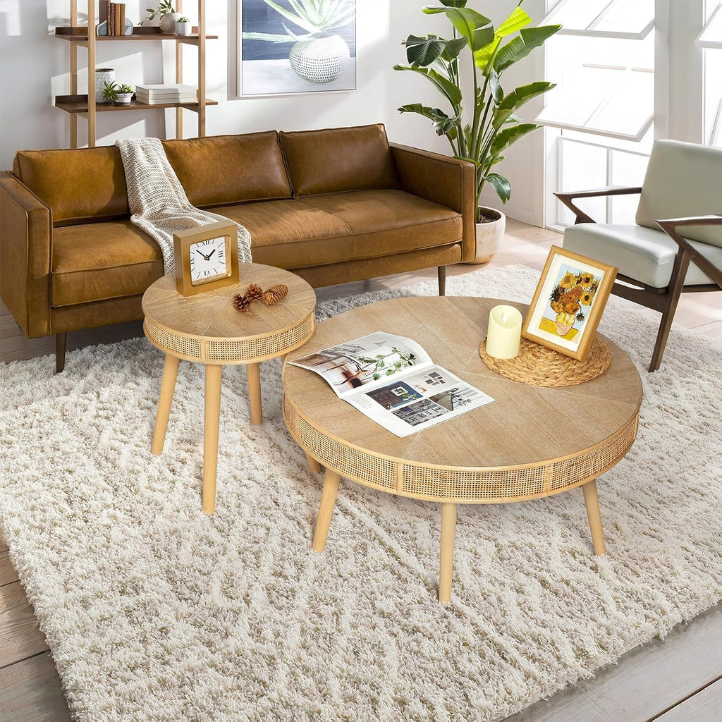 RUSTOWN 2-Piece Farmhouse Coffee Table, Modern Rustic Sofa Side Tea Tables, Solid Wood Finish with Crafted Rattan Side and End Table Sets for Living Room (Natural)