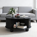 Round Coffee Table with Storage, Fluted Center Table with Sliding Tambour Door and Open Shelves, Mid Century Small Coffee Table for Living Room, Small Space, Black