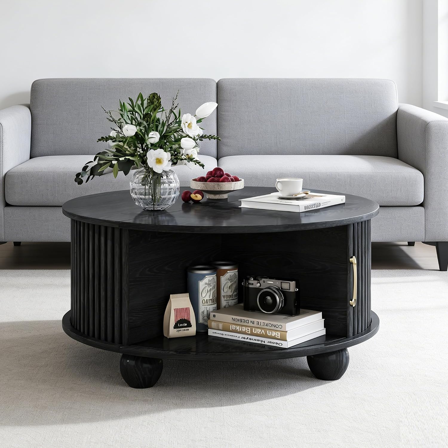 Round Coffee Table with Storage, Fluted Center Table with Sliding Tambour Door and Open Shelves, Mid Century Small Coffee Table for Living Room, Small Space, Black