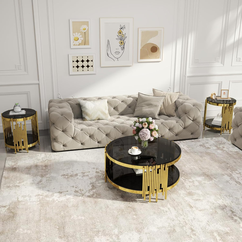 Round Glass Coffee Table Set of 3, Gold and Black Modern Living Room Table Set, Includes 1 Coffee Table & 2 End Tables, Gold Stainless Steel Base Tempered Glass Top, Luxury Furniture for Home Office