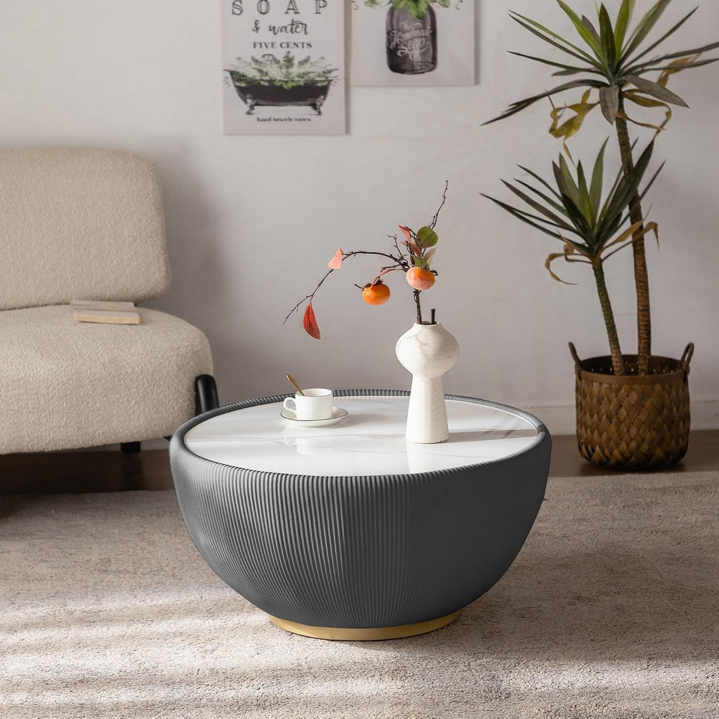 29.53' Round Coffee Table, Modern Cocktail Tables with Decorative Vertical Texture, 29.53 inch Grey Bowl Center Tables, Accent Sintered Stone Coffee Table for Living Room Apartment Office