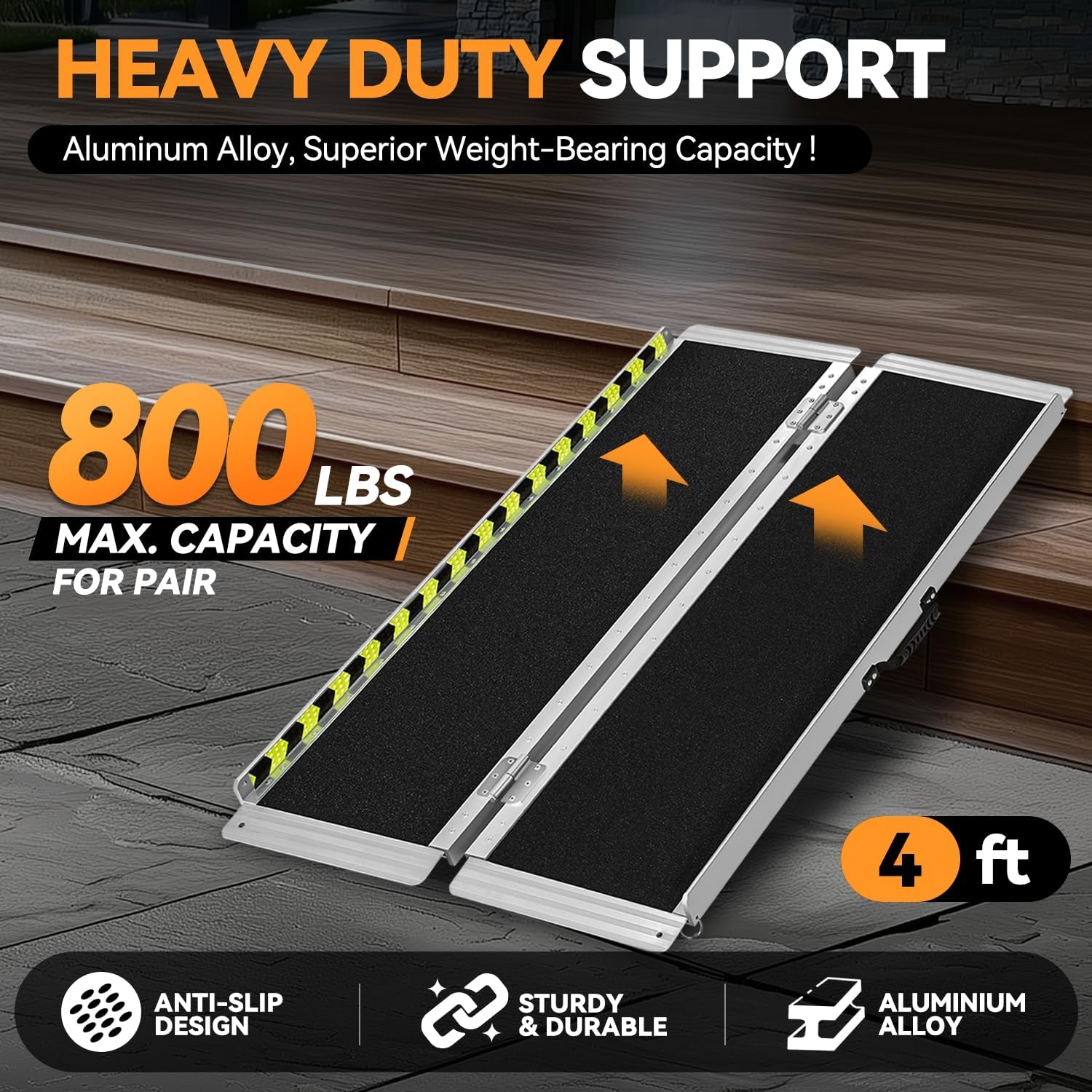 Auto Dynasty Wheelchair Ramp 4FT, Portable Folding Aluminum Wheel Chair Threshold Ramps for Home Steps Doorways, 800Lbs Capacity, 29Inch Width, Metallic/Black