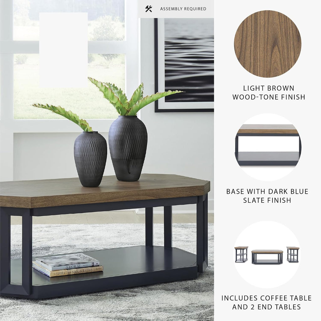 Signature Design by Ashley Landocken Contemporary Occasional Table Set with Open Shelves and Casters, Set of 3, Light Brown & Blue