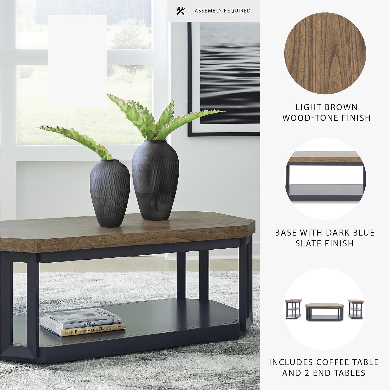 Signature Design by Ashley Landocken Contemporary Occasional Table Set with Open Shelves and Casters, Set of 3, Light Brown & Blue