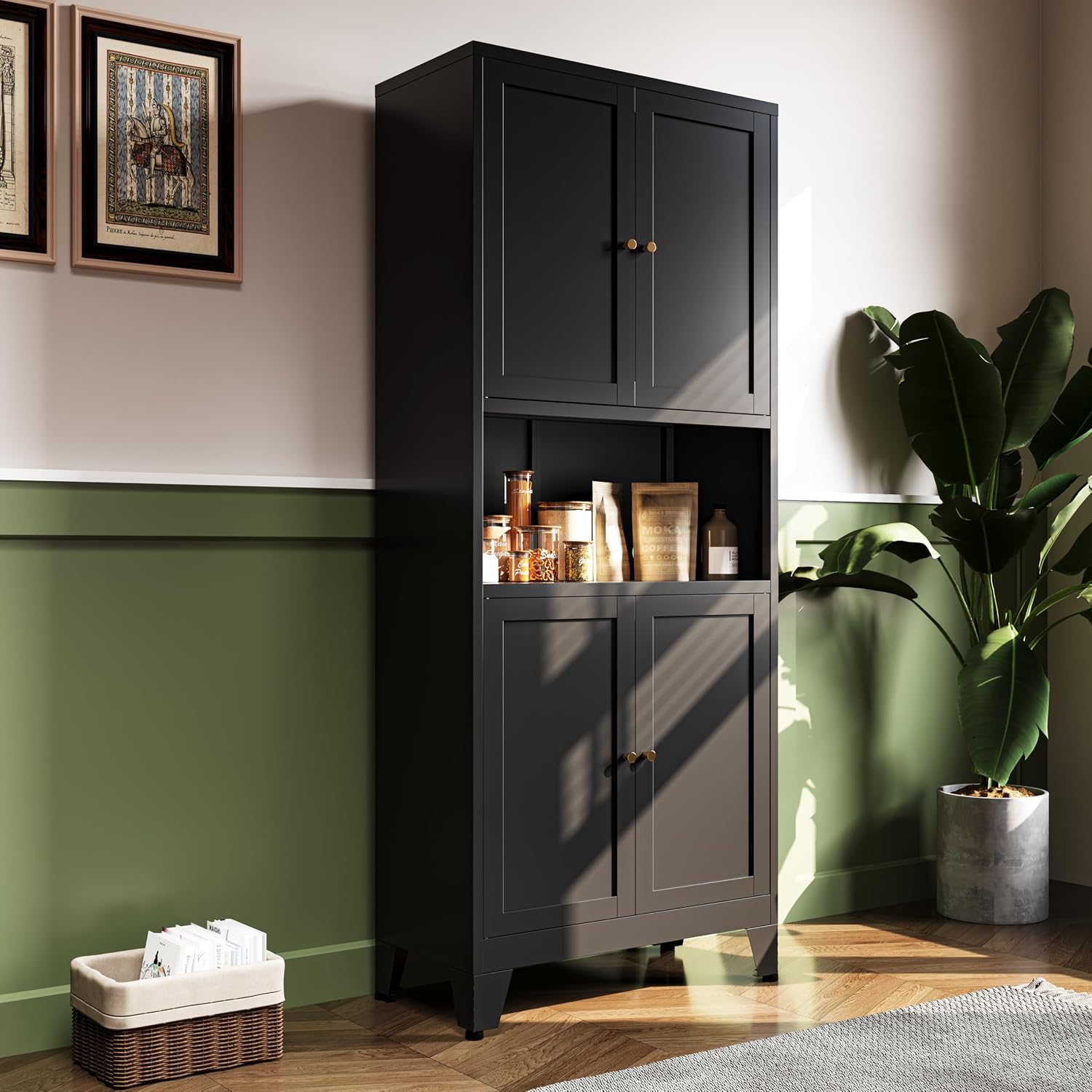 69' H Kitchen Pantry Cabinet with Countertop,Kitchen Hutch Cabinet with Storage,Black Metal Storage Cabinet,Microwave Cabinet,