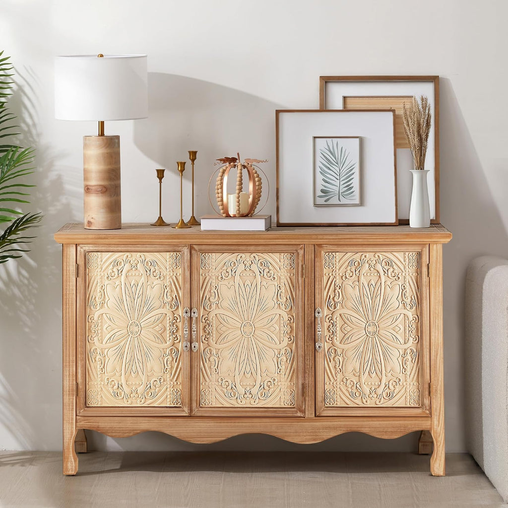 RoyalCraft Farmhouse Sideboard Buffet Cabinet with Storage, 49' Solid Wood Credenza Buffet Table Coffee Bar Wine Bar Storage Cabinet with 3 Doors for Dining Room Living Room Hallway, (Provence Grain)