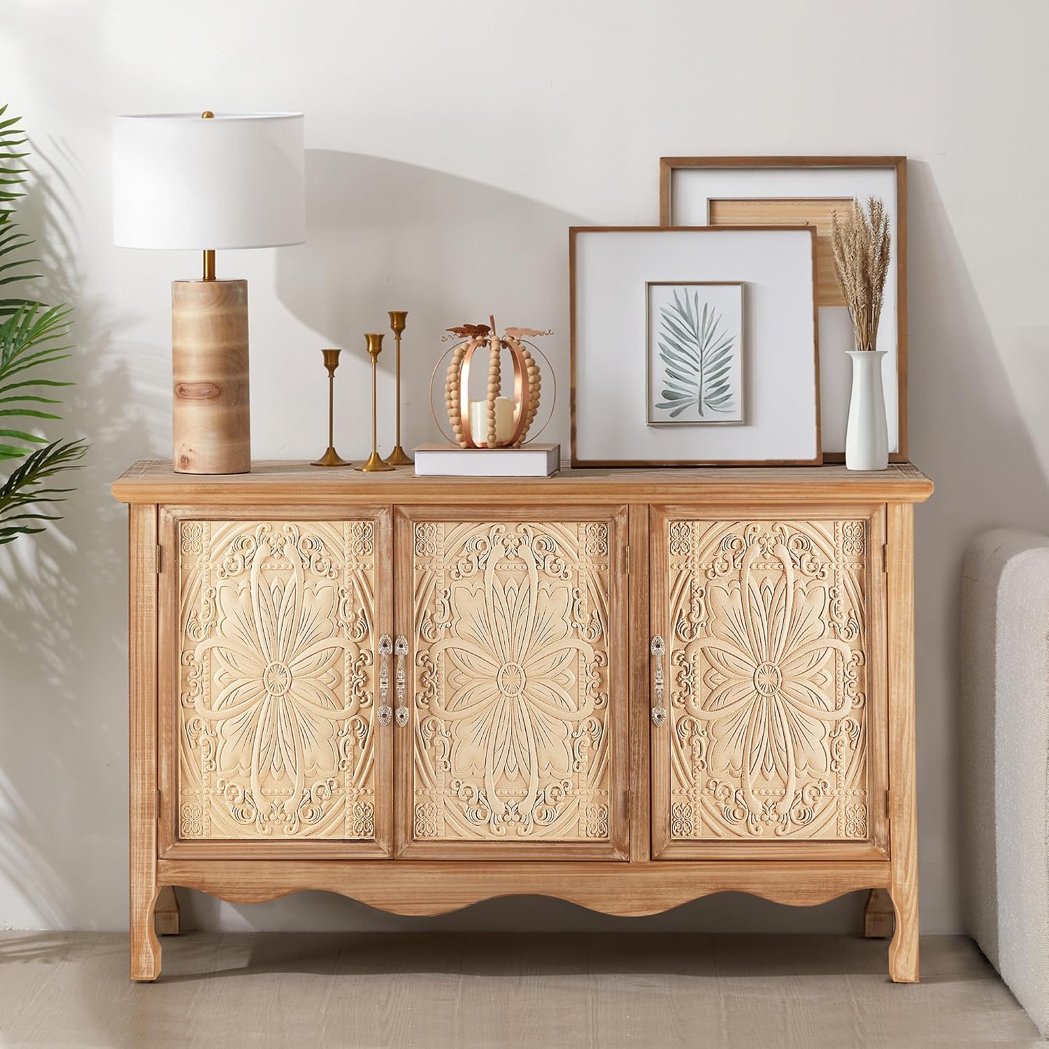 RoyalCraft Farmhouse Sideboard Buffet Cabinet with Storage, 49' Solid Wood Credenza Buffet Table Coffee Bar Wine Bar Storage Cabinet with 3 Doors for Dining Room Living Room Hallway, (Provence Grain)
