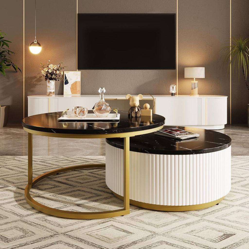 Lift Top Nesting Coffee Table Set of 2, 31.5' Modern Round Coffee Table with Drawer, Circular Wood Center Table Set for Living Room, Apartment, Black & Gold