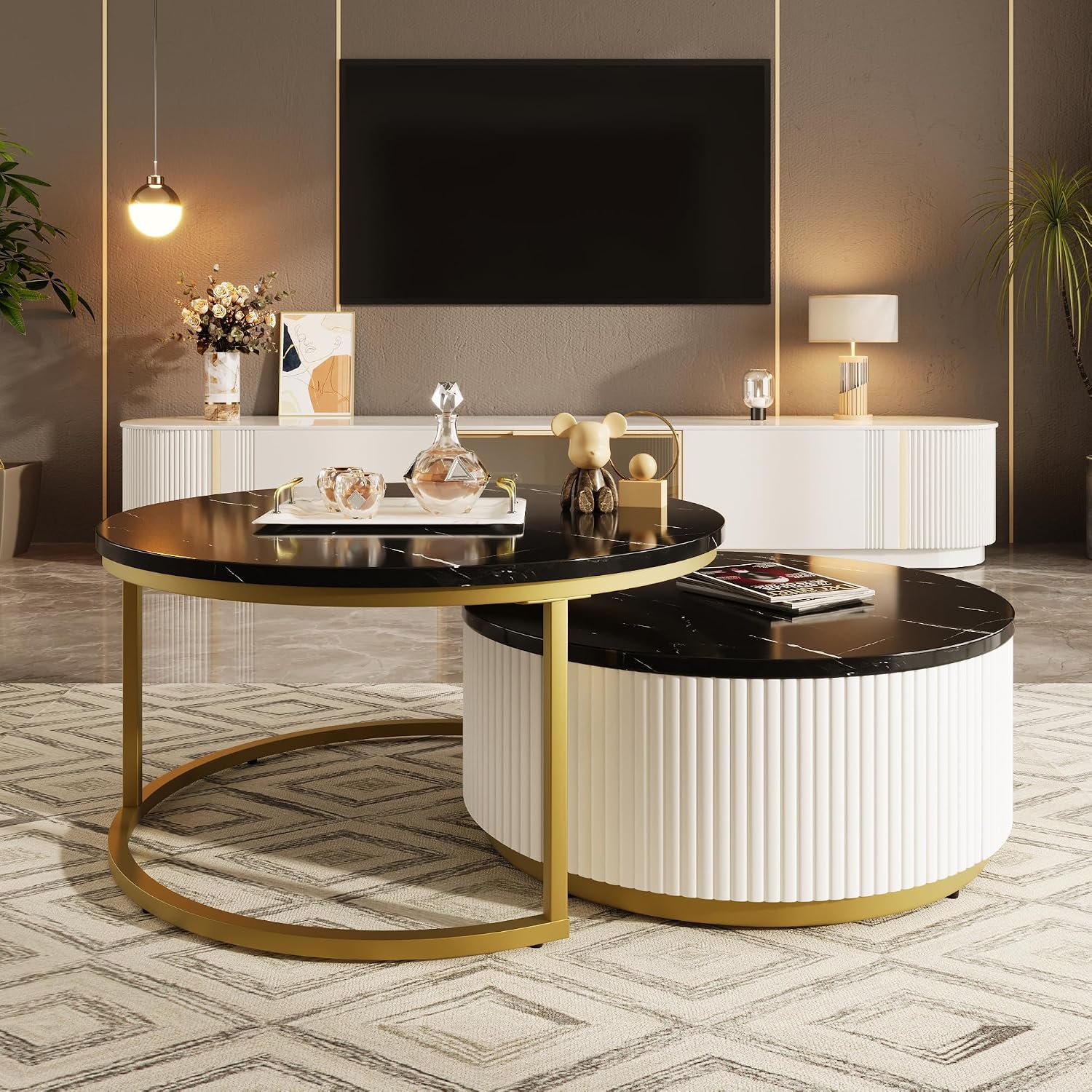 Lift Top Nesting Coffee Table Set of 2, 31.5' Modern Round Coffee Table with Drawer, Circular Wood Center Table Set for Living Room, Apartment, Black & Gold