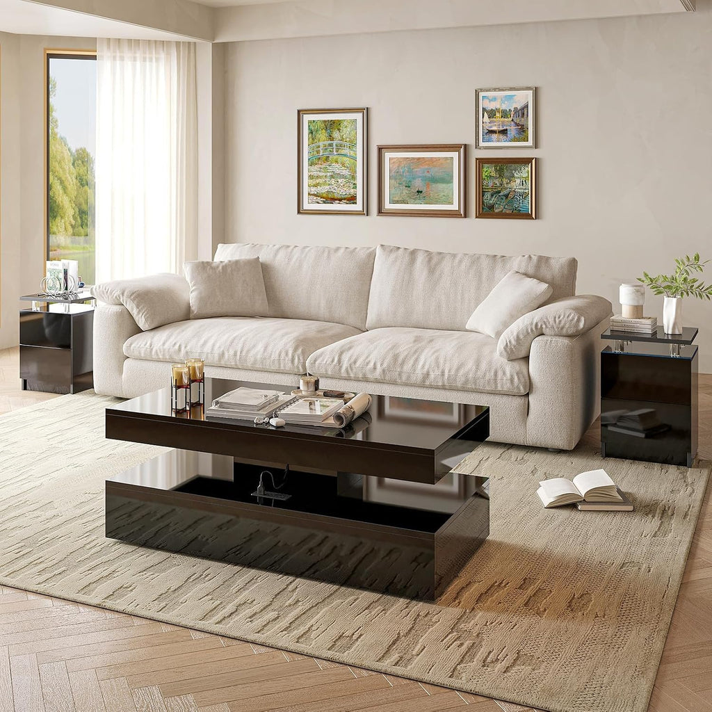 3-Piece Modern Black Living Room Set, LED Lighted Coffee Table + 2 End Tables with Storage Drawers, Black