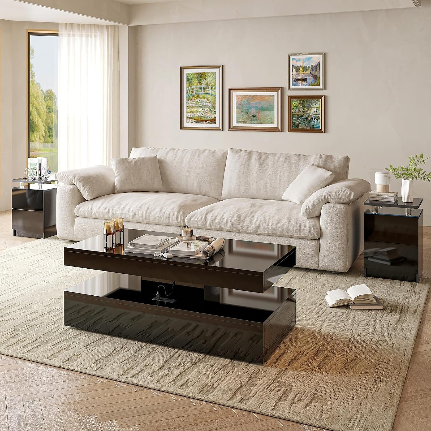 3-Piece Modern Black Living Room Set, LED Lighted Coffee Table + 2 End Tables with Storage Drawers, Black
