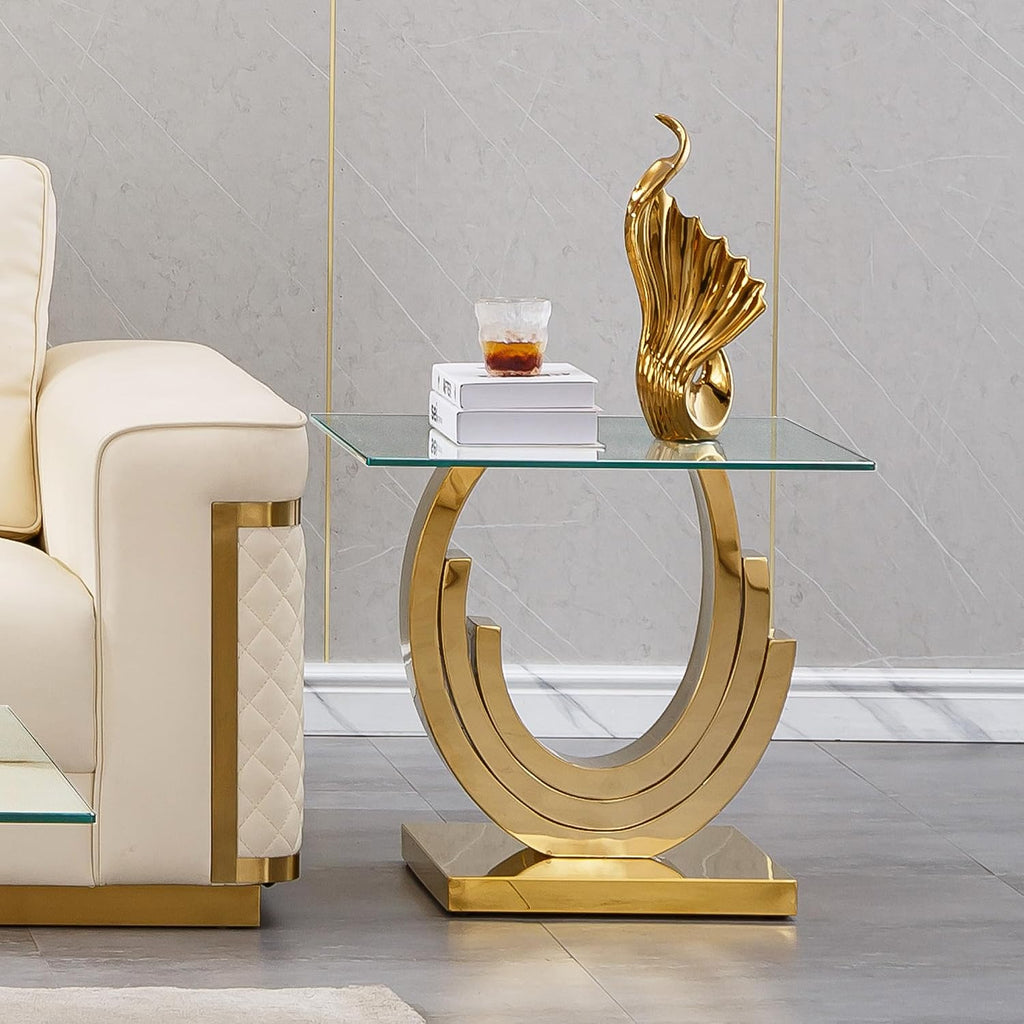 2 Pieces Living Room Table Set, Glass Coffee Table Set of 2, Modern Coffee Table and End Table with Three U-Shaped Stainless Steel Base for Living Room (Gold)