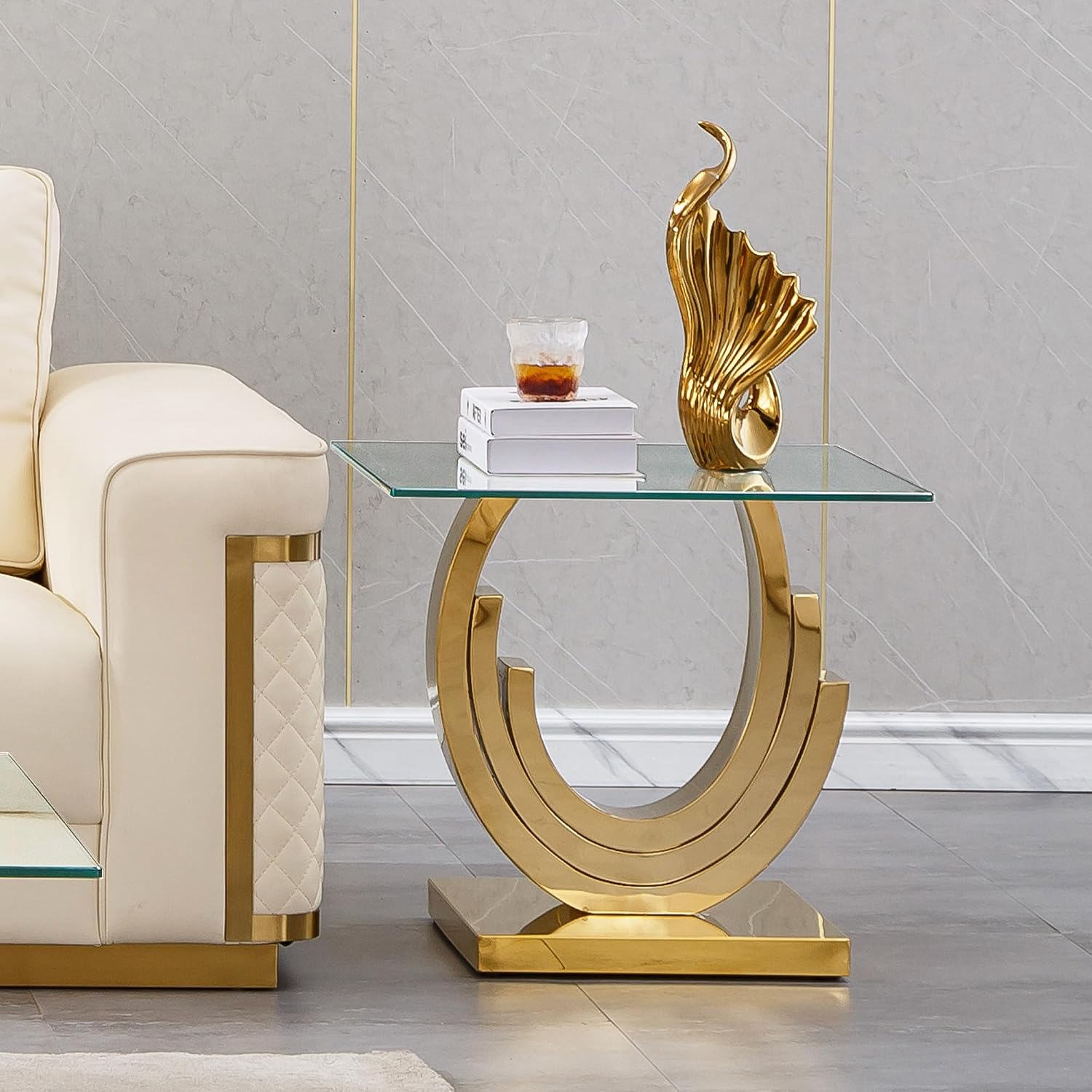 2 Pieces Living Room Table Set, Glass Coffee Table Set of 2, Modern Coffee Table and End Table with Three U-Shaped Stainless Steel Base for Living Room (Gold)