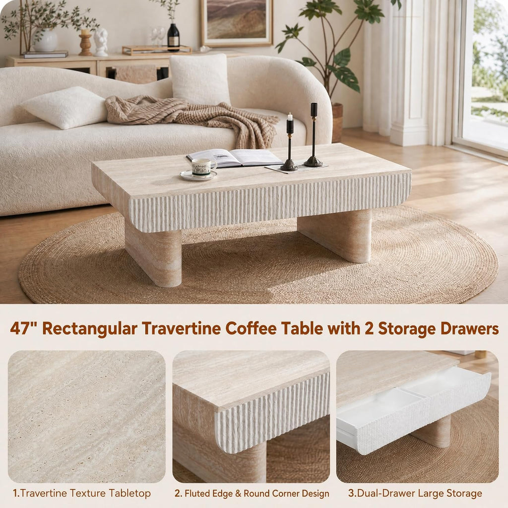 47' Travertine Coffee Table with Storage, Mid-Century Modern Fluted Coffee Tables with 2 Drawers for Living Room, Large Rectangular Coffee Center Tea Table with Sturdy Legs for Apartment Small Spaces