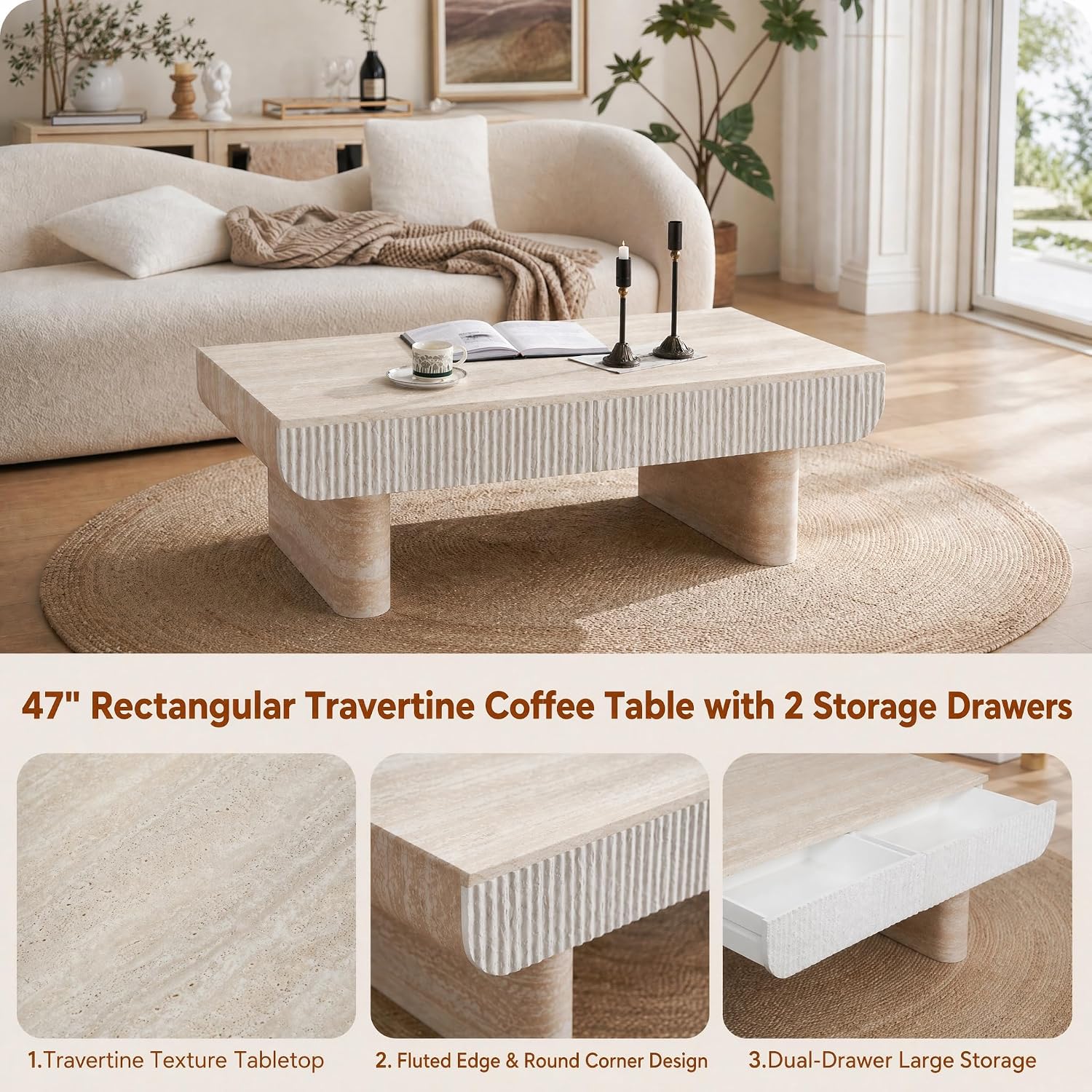 47' Travertine Coffee Table with Storage, Mid-Century Modern Fluted Coffee Tables with 2 Drawers for Living Room, Large Rectangular Coffee Center Tea Table with Sturdy Legs for Apartment Small Spaces