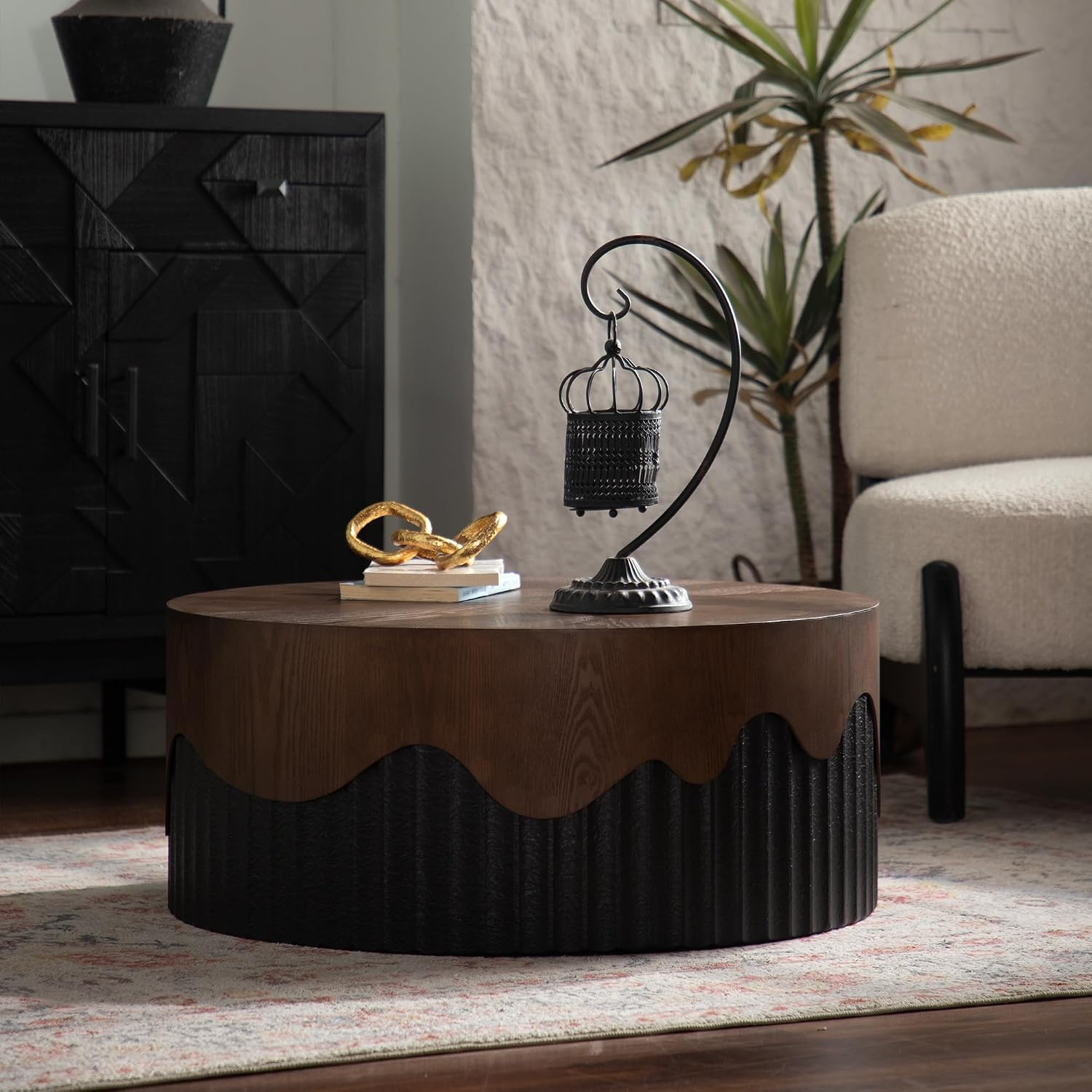 30.31'' Handcrafted Round Coffee Table for Living Room, Modern Mid-Century Circle Drum Wood Coffee Table, Easy Assembly, Black & Walnut